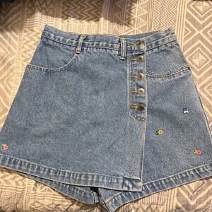 Vintage Chazzz by Charles Ghailian Jean Skort w/ Flowers Size 11 100% Cotton